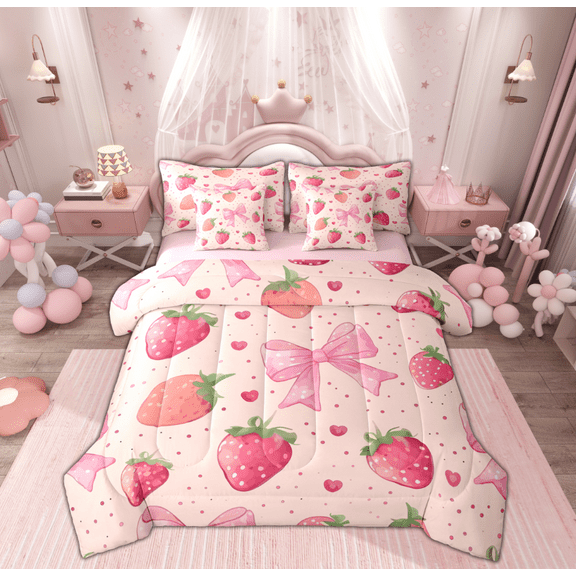 Manfei Girly Pink Bowknot Bedding Comforter Set 7-Piece for Kids, Strawberry Fruit King Bedding Sets, Princess Love Heart Reversible Bed Sheets, Luxury Bedroom Decor