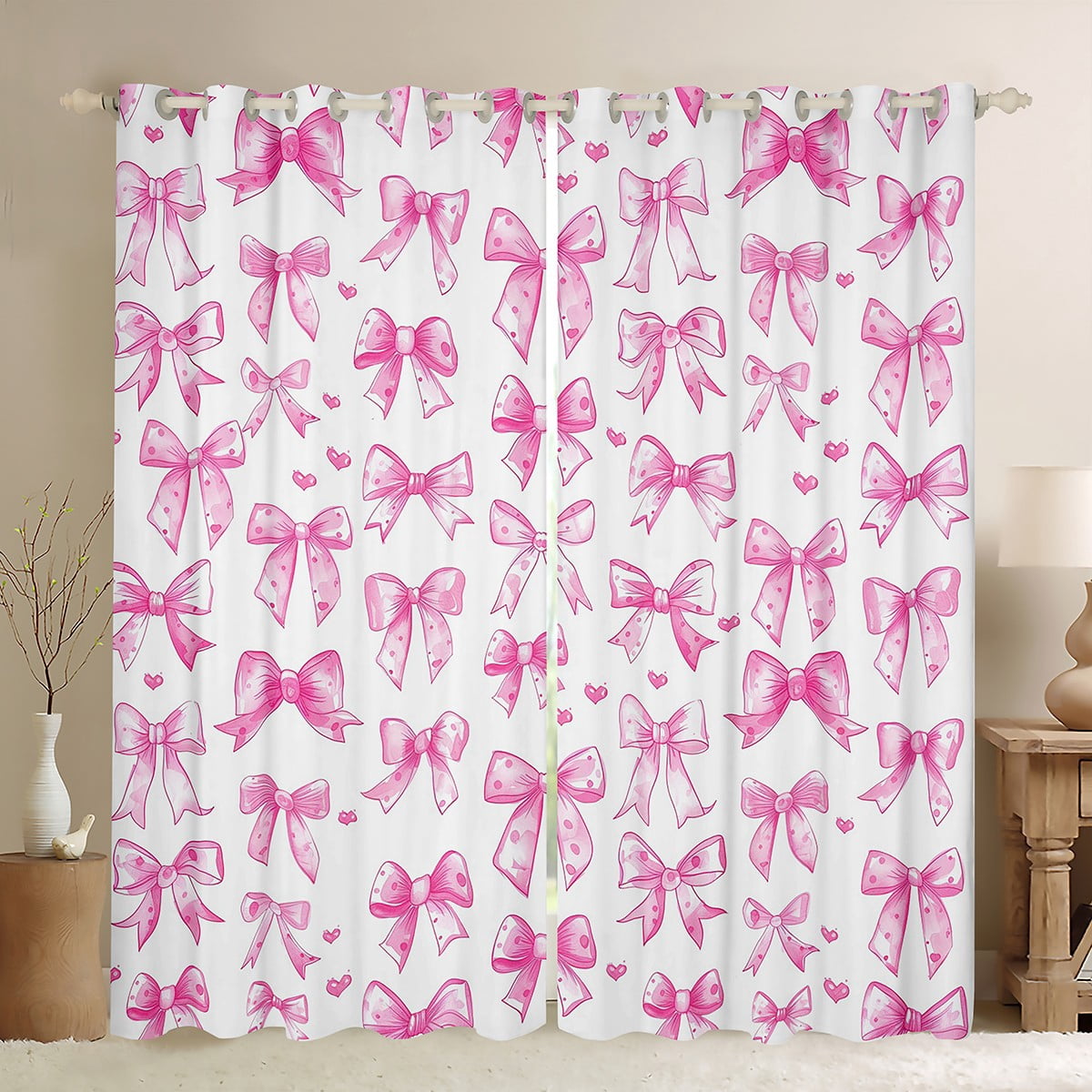 Manfei Girly Pink Bowknot Black Out Curtains for Kids, Kawaii Love ...