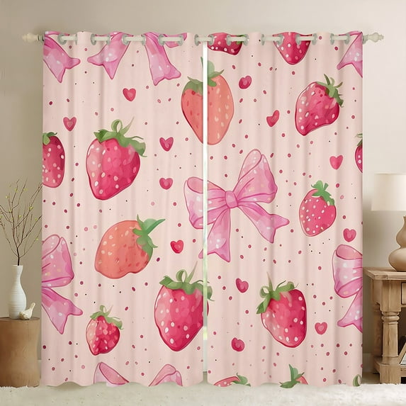 Manfei Girly Pink Bowknot Black Out Curtains for Kids, Strawberry Fruit Curtains Pack of 2 (42x63 Each), Princess Love Heart Bedroom Curtains, Window Curtains Bedroom Decor