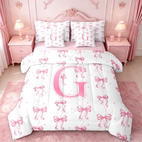 Manfei Girly Pink Bowknot Design 7-Piece Twin Bedding Sets,Dreamy Princess Style Letter G Alphabet Initial Bedding Comforter Set,Pink Reversible