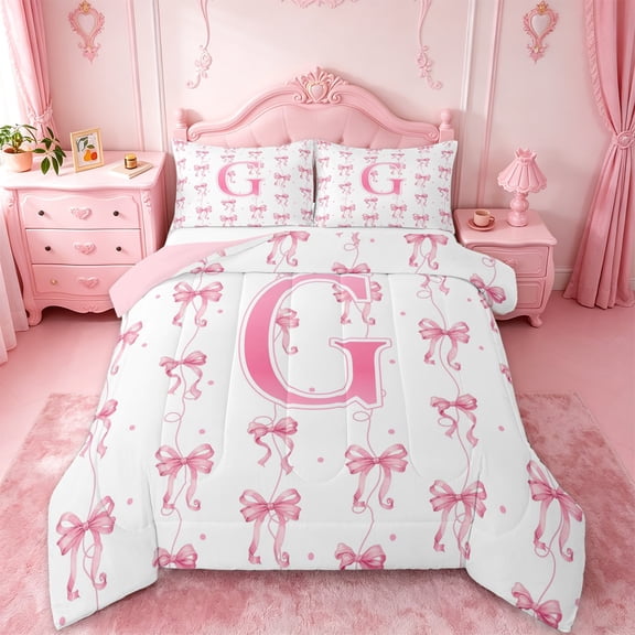 Manfei Girly Pink Bowknot Design Queen Comforter Set,Dreamy Princess Style Letter G Alphabet Initial Bedding Comforter Set,Pink Reversible,3pcs