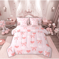 Manfei Girly Pink Bowknot Twin Bedding Sets 7-Piece for Girls, Kawaii Love Heart Bedding Comforter Set, Cherry Blossoms Reversible Sheet Sets, Microfiber Bedroom Decor