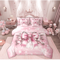 Manfei Girly Pink Bowknot Twin Bedding Sets 7-Piece for Teen, Princess Christmas Bow Bedding Comforter Set, Magic Snowflake Reversible Sheet Sets, Ultra Soft Home Decor