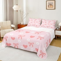 Manfei Girly Pink Bowknot Twin Sheet Sets for Girls, Kawaii Love Heart Twin Fitted Sheet, Cherry Blossoms Flat Sheet, Microfiber Bedroom Decor, 3 Pieces