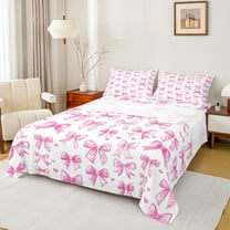 Manfei Girly Pink Bowknot Twin Sheet Sets for Kids, Kawaii Love Heart Twin Fitted Sheet, Princess Cartoon Theme Flat Sheet, Ultra Soft Home Decor, 3pcs