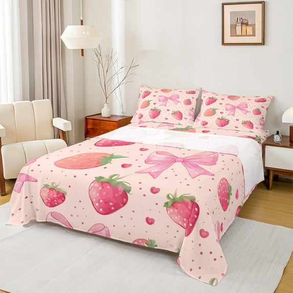 Manfei Girly Pink Bowknot Twin Sheet Sets for Kids, Strawberry Fruit Twin Fitted Sheet, Princess Love Heart Flat Sheet, Luxury Bedroom Decor, 3 Pieces