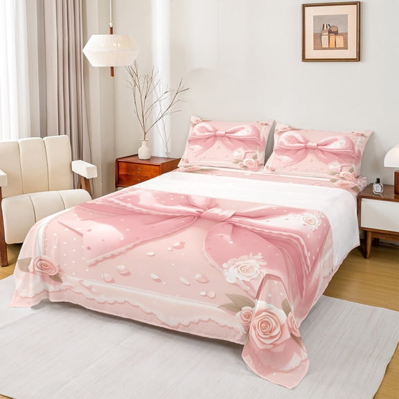 Manfei Girly Pink Bowknot Twin Sheet Sets, Vintage Romantic Rose Twin Fitted Sheet, Fairy Tale Princess Flat Sheet, Luxury Bedroom Decor, 3 Pieces