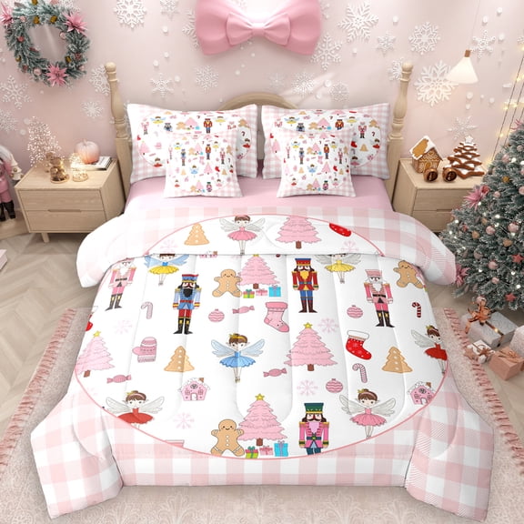Manfei Girly Pink Buffalo Christmas 7-Piece Bedding Comforter Set, Cartoon Royal Nutcracker King Bedding Sets, Kawaii Fairy Princess Reversible Bed Sheets, Lightweight Room Decor