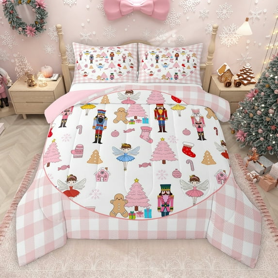 Manfei Girly Pink Buffalo Christmas Bedding Comforter Set, Cartoon Royal Nutcracker Twin Comforter Sets, Kawaii Fairy Princess Reversible Bedding Set, Lightweight Room Decor, 2pcs