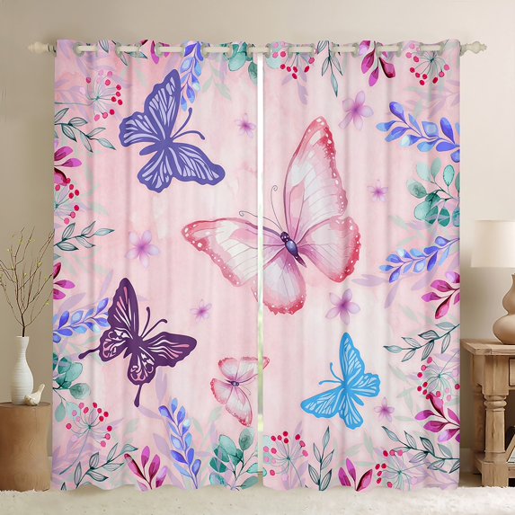 Homewish Girly Pink Butterfly Black Out Curtains, Spring Garden Animal Curtains Pack of 2 (42x63 Each), Princess Cartoon Bedroom Curtains, Living Room Curtains Decor