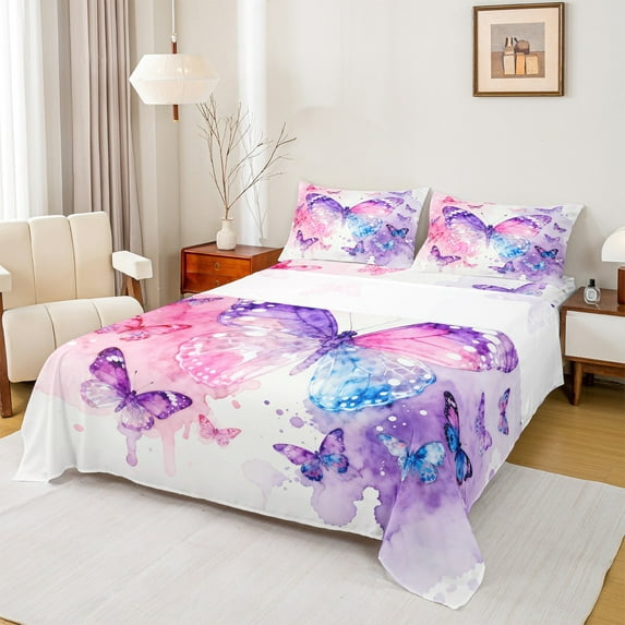 Manfei Girly Pink Butterfly Full Size Sheets for Girls, Fairy Tale Bed Sheets, Cute Watercolor Moth Sheet Sets, Microfiber Bedroom Decor, 4pcs