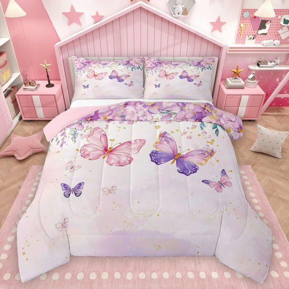 Homewish Girly Pink Butterfly Queen Comforter Set, Spring Garden Flower Bedding Sets, Princess Cartoon Reversible Bedding Comforter Set, Luxury Bedroom Decor, 3-Piece