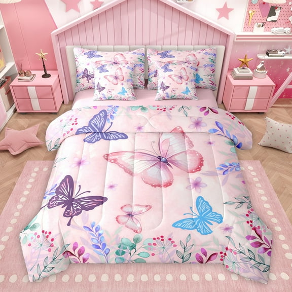 Homewish Girly Pink Butterfly Twin Bedding Sets 7-Piece, Spring Garden Animal Bedding Comforter Set, Princess Cartoon Reversible Sheet Sets, Ultra Soft Bedroom Decor