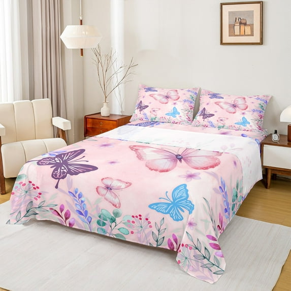 Homewish Girly Pink Butterfly Twin Sheet Sets, Spring Garden Animal Twin Fitted Sheet, Princess Cartoon Flat Sheet, Ultra Soft Bedroom Decor, 3-Piece