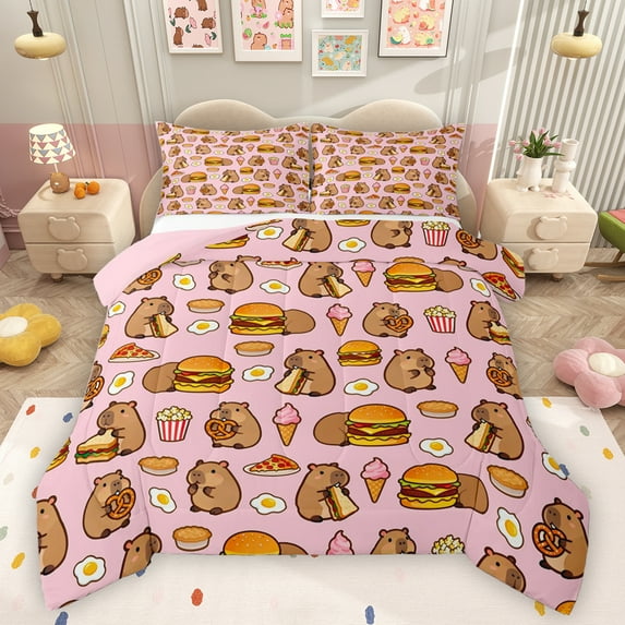 Homewish Girly Pink Cartoon Bedding Comforter Set for Kids, Cute Capibara Lover Twin Comforter Sets, Kawaii Animal Lover Reversible Bedding Set, Breathable Home Decor, 2pcs