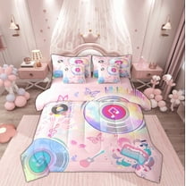 Manfei Girly Pink Cartoon Twin Bedding Sets 7-Piece, Modern Rock Music Bedding Comforter Set, Kawaii Princess Style Reversible Sheet Sets, Super Cozy Room Decor
