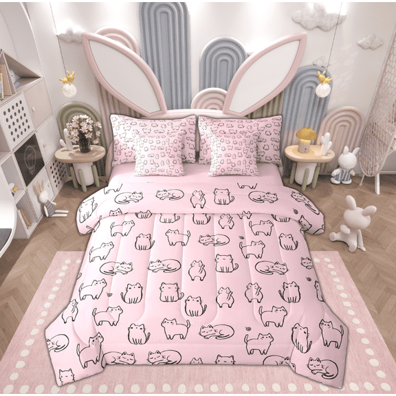 Manfei Girly Pink Cartoon Twin Bedding Sets 7-Piece for Teen, Kawaii Kitten Animal Bedding Comforter Set, Cute Cat Reversible Sheet Sets, Super Cozy Room Decor