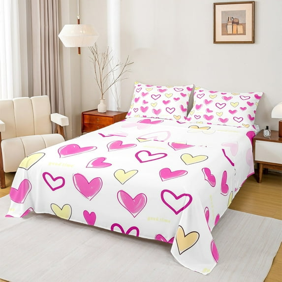 Manfei Girly Pink Cartoon Twin Sheet Sets, Kawaii Love Heart Twin Fitted Sheet, Teens Boys Girls Kids Flat Sheet, Super Cozy Room Decor, 3-Piece