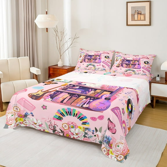 Manfei Girly Pink Cartoon Twin Sheet Sets, Modern Rock Music Twin Fitted Sheet, Kawaii Princess Style Flat Sheet, Lightweight Room Decor, 3pcs