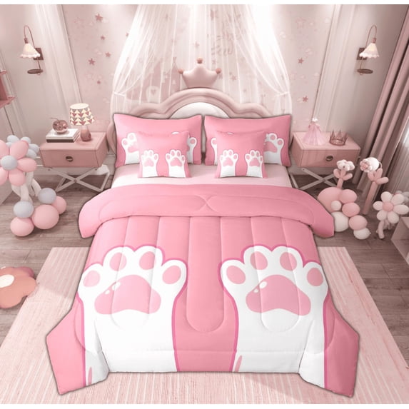 Manfei Girly Pink Cat Paw Bedding Comforter Set 7pcs, Kawaii Kitten Lover Queen Bedding Sets, Cartoon Cute Animal Reversible Queen Sheet Sets, Ultra Soft Home Decor