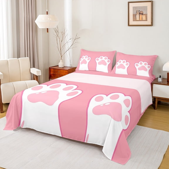 Manfei Girly Pink Cat Paw Full Size Sheets, Kawaii Kitten Lover Bed Sheets, Cartoon Cute Animal Sheet Sets, Ultra Soft Home Decor, 4pcs