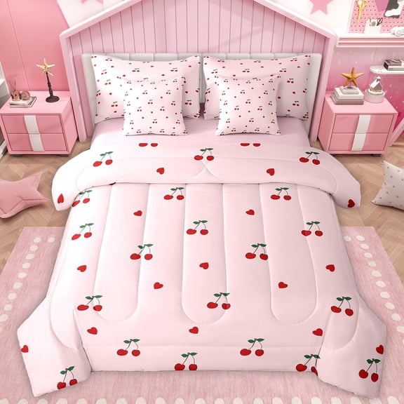 Manfei Girly Pink Cherry Bedding Comforter Set 7pcs, Kawaii Cute Cartoon Queen Bedding Sets, Kids Teens Girls Women Reversible Queen Sheet Sets, Luxury Bedroom Decor