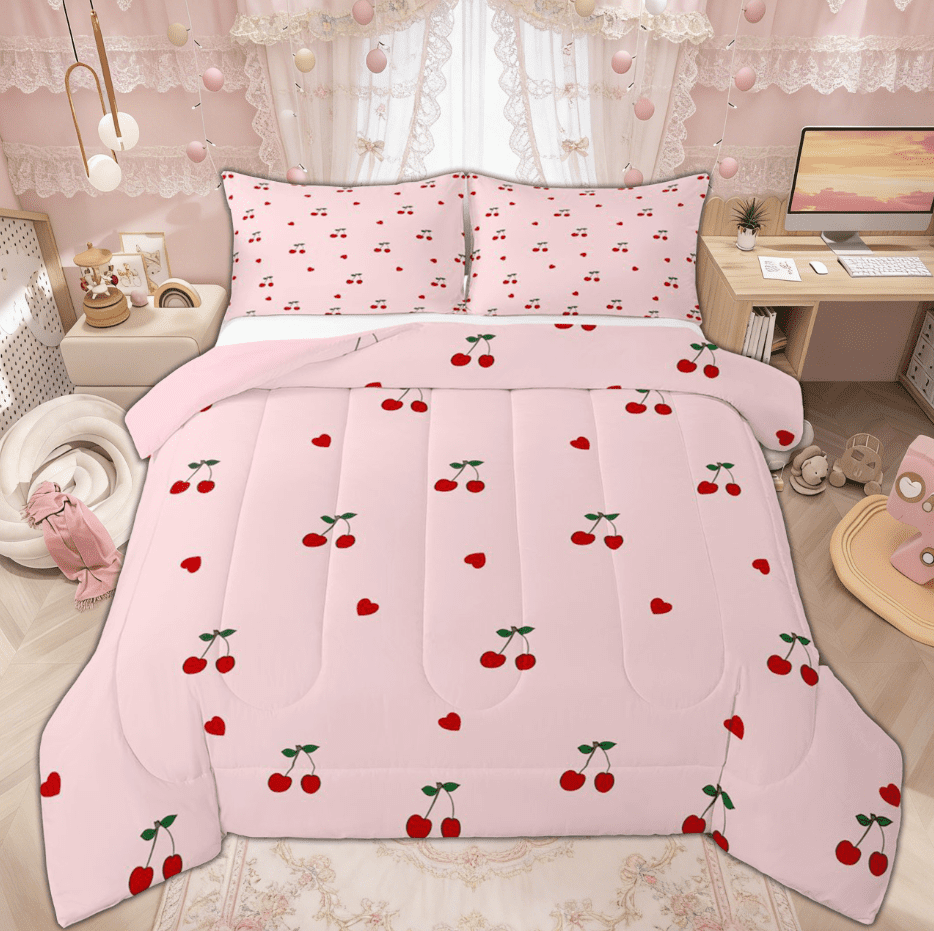 Manfei Girly Pink Cherry Bedding Comforter Set for Kids Girls, Kawaii Cute Cartoon Twin Comforter Sets,Pink Reversible, 2-Piece