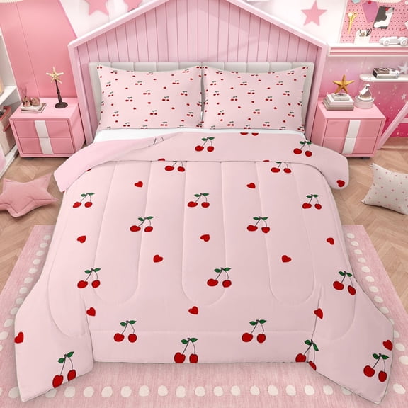 Manfei Girly Pink Cherry Queen Comforter Set, Kawaii Cute Cartoon Bedding Sets, Kids Teens Girls Women Reversible Bedding Comforter Set, Luxury Bedroom Decor, 3-Piece