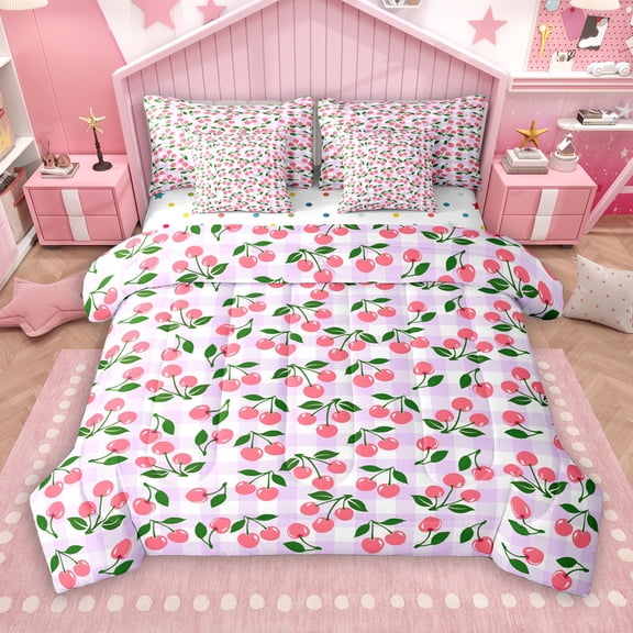 Manfei Girly Pink Cherry for Teen 7-Piece Twin Bedding Sets, Fashion White Purple Stripes Bedding Comforter Set, Princess Cartoon Style Reversible Sheet Sets, Lightweight Room Decor