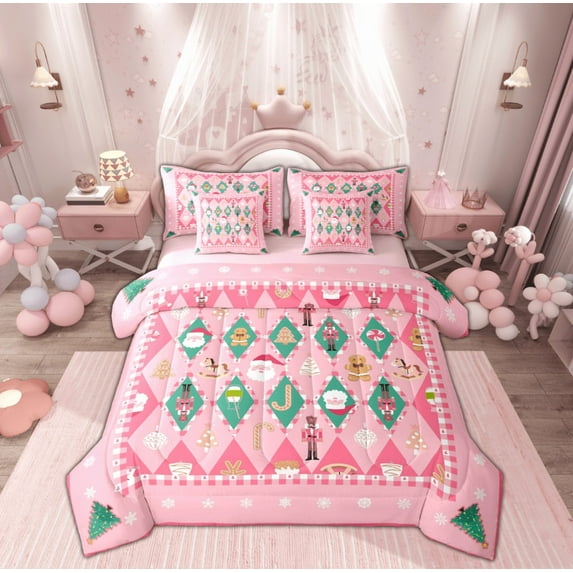 Manfei Girly Pink Christmas Bedding Comforter Set 7pcs for Girl, Santa Claus Nutcracker Queen Bedding Sets, Happy New Year Reversible Queen Sheet Sets, Super Cozy Room Decor