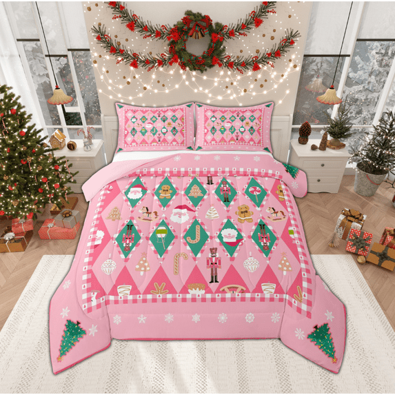Manfei Girly Pink Christmas Bedding Comforter Set for Girl, Santa Claus Nutcracker Twin Comforter Sets, Happy New Year Reversible Bedding Set, Super Cozy Room Decor, 2 Pieces