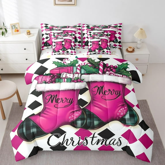 Manfei Girly Pink Christmas Socks Bedding Comforter Set 7 Pieces, Santa Calue Gifts Full Bedding Set, Fashion Square Geometric Reversible Fitted Sheet Flat Sheet, Ultra Soft Home Decor