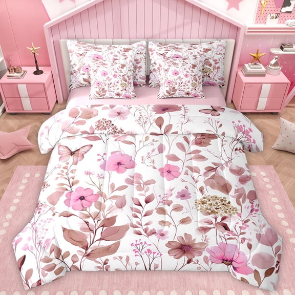 Manfei Girly Pink Floral Twin Bedding Sets 7-Piece for Kids, Rustic Plant Botanical Bedding Comforter Set, Kawaii Butterfly Reversible Sheet Sets, Microfiber Bedroom Decor