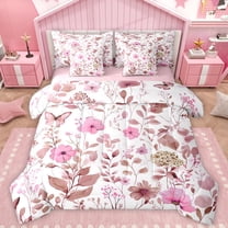 Manfei Girly Pink Floral Twin Bedding Sets 7-Piece for Kids, Rustic Plant Botanical Bedding Comforter Set, Kawaii Butterfly Reversible Sheet Sets, Microfiber Bedroom Decor