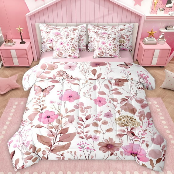Manfei Girly Pink Floral Twin Bedding Sets 7-Piece for Kids, Rustic Plant Botanical Bedding Comforter Set, Kawaii Butterfly Reversible Sheet Sets, Microfiber Bedroom Decor