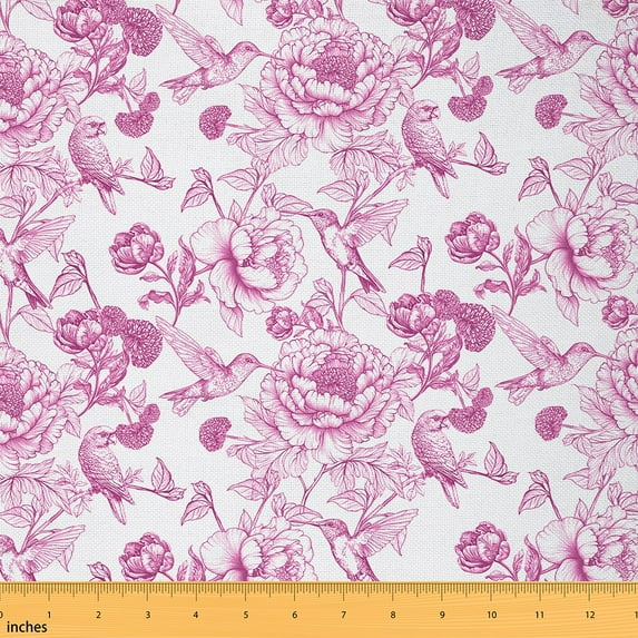 Manfei Girly Pink Flower Fabric by the Yard (1 Yard), Vintage Bird Decorative Fabric by the Yard, Botanical Plant Floral Sewing & Crafting Fabric