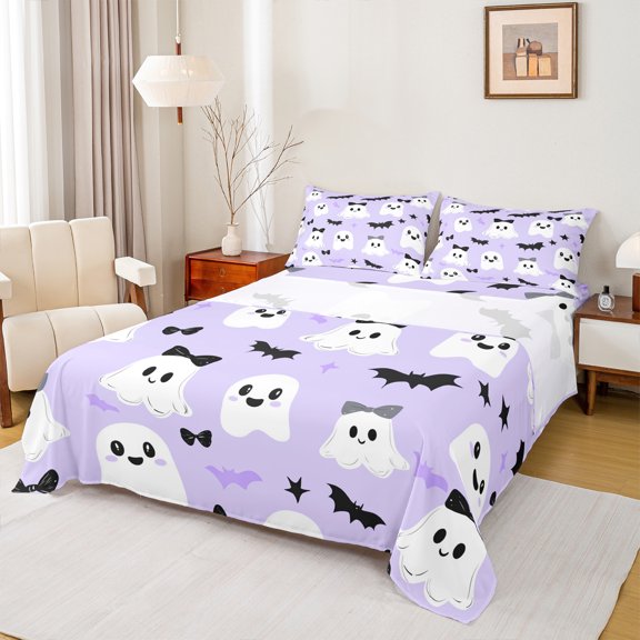 Manfei Girly Pink Ghost Bed Sheets for Kids, Halloween Bat Print King Sheets, Princess Cartoon Sheet Set, Microfiber Bedroom Decor, 4pcs