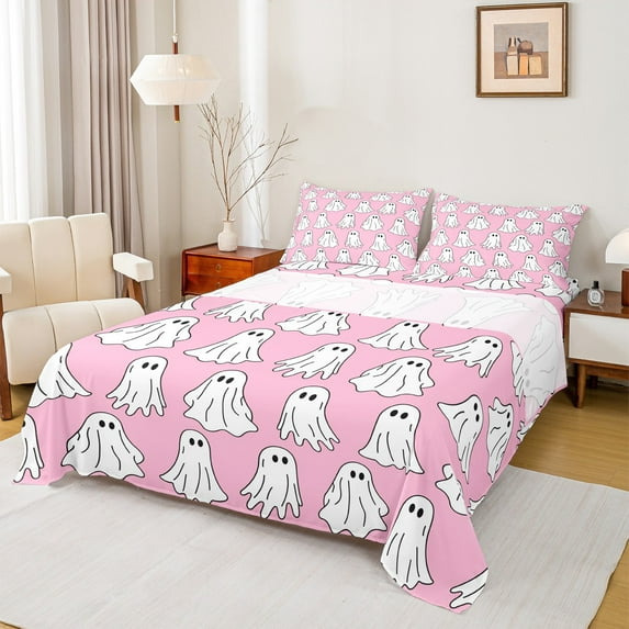Manfei Girly Pink Ghost Full Size Sheets, Kawaii Boo Skull Bed Sheets, Teens Sugar Halloween Sheet Sets, Microfiber Bedroom Decor, 4 Pieces