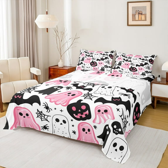Manfei Girly Pink Ghost Queen Sheet Sets, Pumpkin Bat Print Bed Sheets Queen, Gothic Spider Bedding Sets Queen Size, Super Cozy Room Decorative, 4pcs