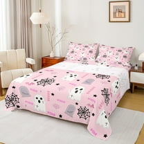 Manfei Girly Pink Halloween Twin Sheet Sets, Cartoon Kawaii Ghost Candy Twin Fitted Sheet, Teens Boys Girls Kids Flat Sheet, Breathable Home Decor, 3pcs