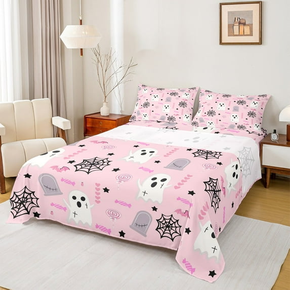 Manfei Girly Pink Halloween Twin Sheet Sets, Cartoon Kawaii Ghost Candy Twin Fitted Sheet, Teens Boys Girls Kids Flat Sheet, Breathable Home Decor, 3pcs