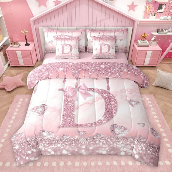 Homewish Girly Pink Letter D Bedding Comforter Set 7pcs, Romantic Glitter Diamond King Bedding Sets, Teens Kids Girls Women Reversible Bed Sheets, Microfiber Bedroom Decor