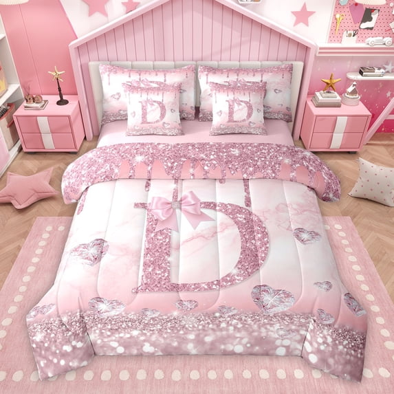 Homewish Girly Pink Letter D Bedding Comforter Set 7pcs, Romantic Glitter Diamond Queen Bedding Sets, Teens Kids Girls Women Reversible Queen Sheet Sets, Microfiber Bedroom Decor