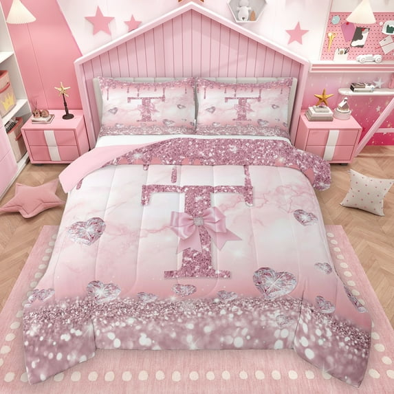 Homewish Girly Pink Letter T Queen Comforter Set, Romantic Glitter Diamond Bedding Sets, Teens Kids Girls Women Reversible Bedding Comforter Set, Lightweight Room Decor, 3pcs