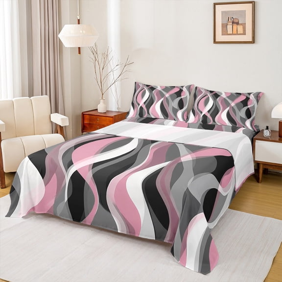 Manfei Girly Pink Minimalst Bed Sheets, Stripes Ombre King Sheets, Abstract Geometric Sheet Set, Breathable Home Decor, 4pcs