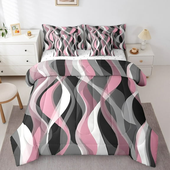 Manfei Girly Pink Minimalst Bedding Comforter Set 7-Piece, Stripes Ombre King Bedding Sets, Abstract Geometric Reversible Bed Sheets, Breathable Home Decor