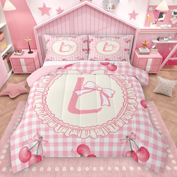 Homewish Girly Pink Monogrammed L Queen Comforter Set, Fashion Square Checkered Bedding Sets, Cartoon Ribbon Cherry Reversible Bedding Comforter Set, Luxury Bedroom Decor, 3 Pieces
