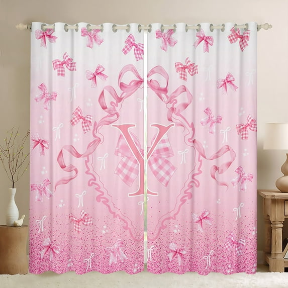 Manfei Girly Pink Monogrammed Y Curtains Pack of 2 (42x84 Each), Princess Cartoon Bowknot Curtains Blackout, Sequin Print Bedroom Curtains, Curtains and Drapes Room Decor