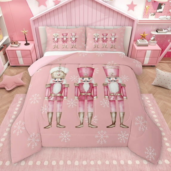 Manfei Girly Pink Nutcracker Queen Comforter Set for Kids, Winter Christmas Snowflake Bedding Sets, Happy Holiday Reversible Bedding Comforter Set, Luxury Bedroom Decor, 3pcs