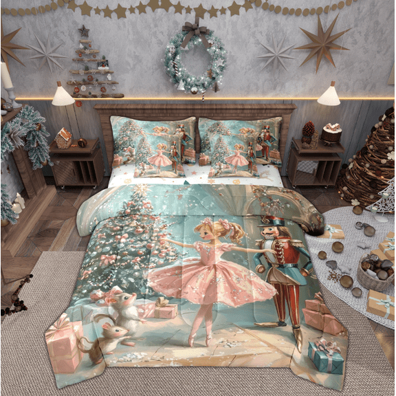 Manfei Girly Pink Princess Bedding Comforter Set 7 Pieces, Christmas Nutcracker Royal Guarder Full Bedding Set, Dreamy Fairy Tale Reversible Fitted Sheet Flat Sheet, Ultra Soft Home Decor